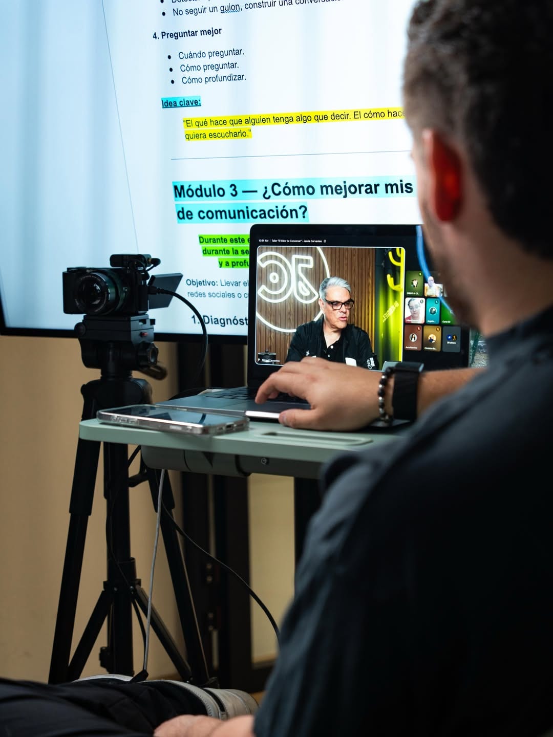 Pantalla del taller con el módulo del método y los participantes conectados en la videollamada en vivo
