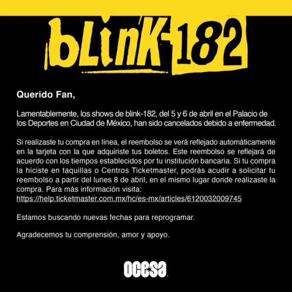 Blink-182 anuncia nuevas fechas de la etapa final de su tour