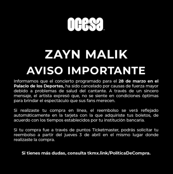 Zayn Malik cancela su último show en CDMX