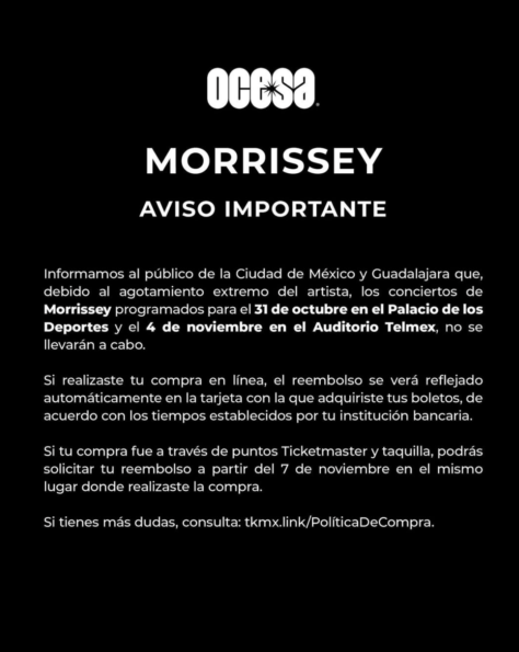 Morrissey cancela sus conciertos en México
